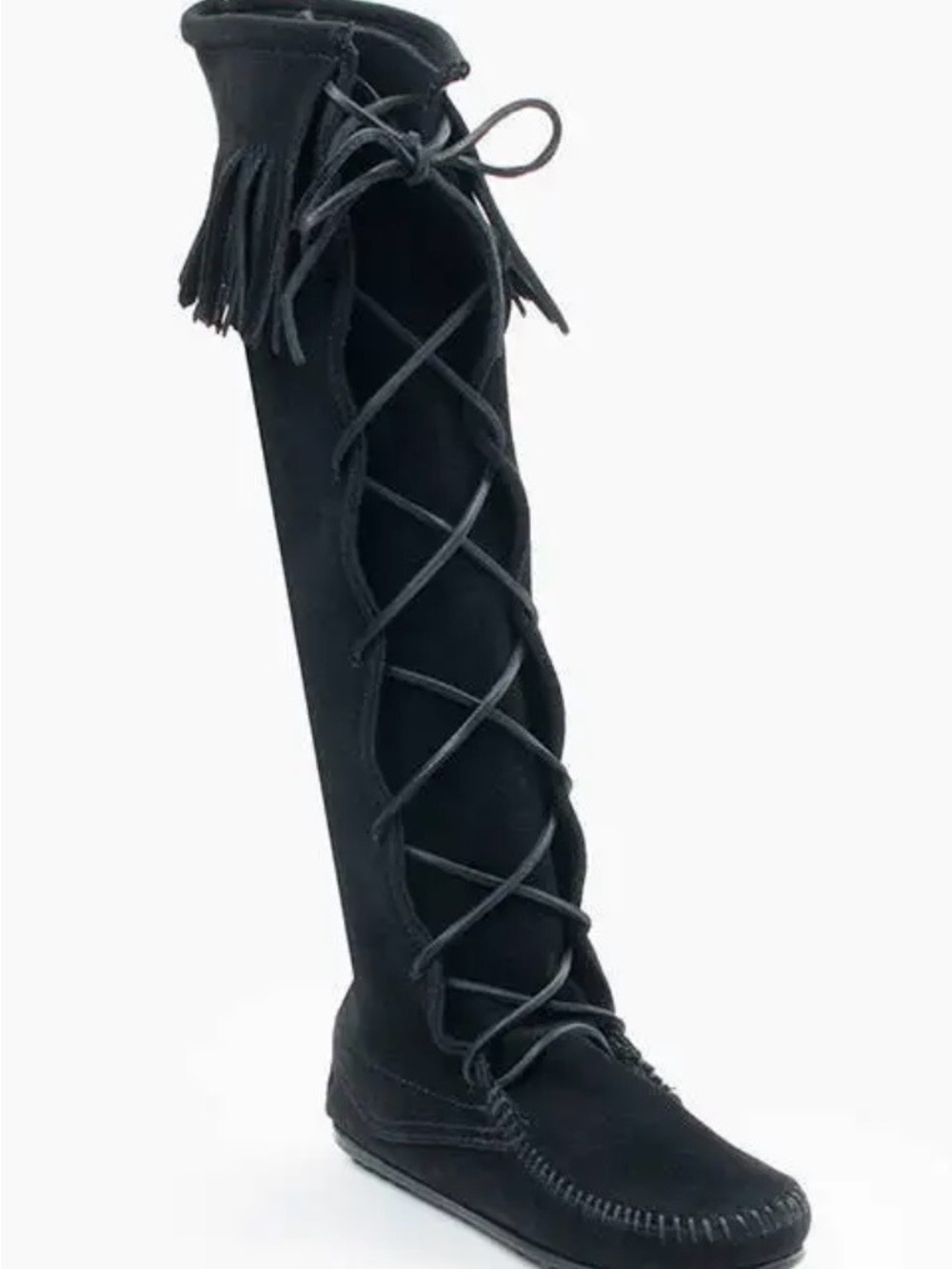 Minnetonka Black Suede Lace-Up Fringe Boots
